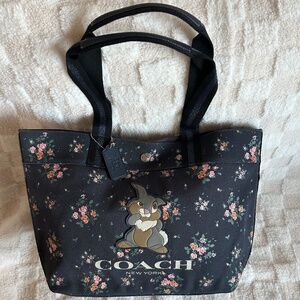 NWT!RARE!Coach 91116 Disney X Bambi Thumper Floral Canvas Large Tote In Midnight